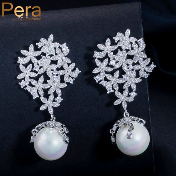 

dangle & chandelier pera women hollow out clean white cubic zirconia elegant bridal big flower drop pearl earrings for wedding banquet party, Silver