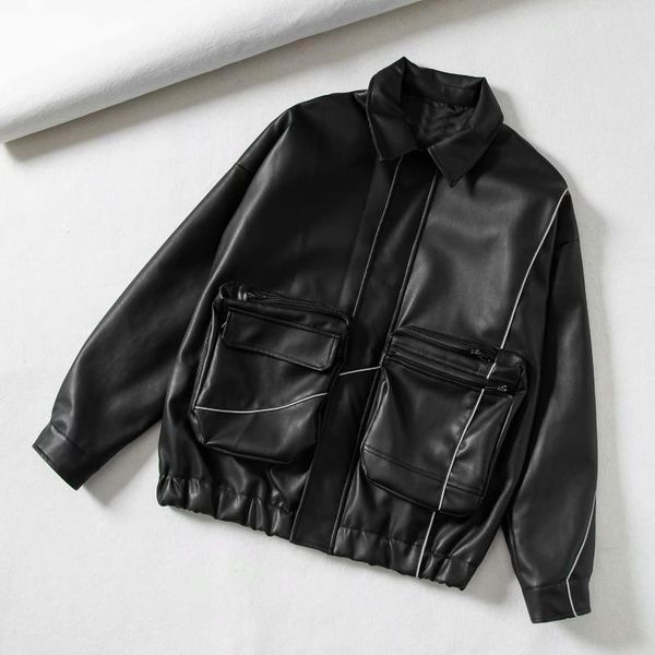 

pu leather jacket korean pocket for women fashion casual leather jackets female, Black