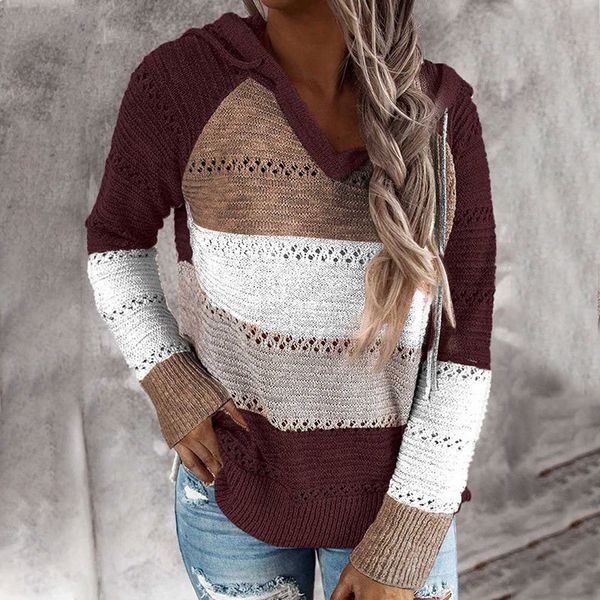 

трикотажное colorblock с капюшоном женщин свитера плюс размер выдалбливают с длинным рукавом дамы свитер 2020 осень мода повседневная женски, White;black