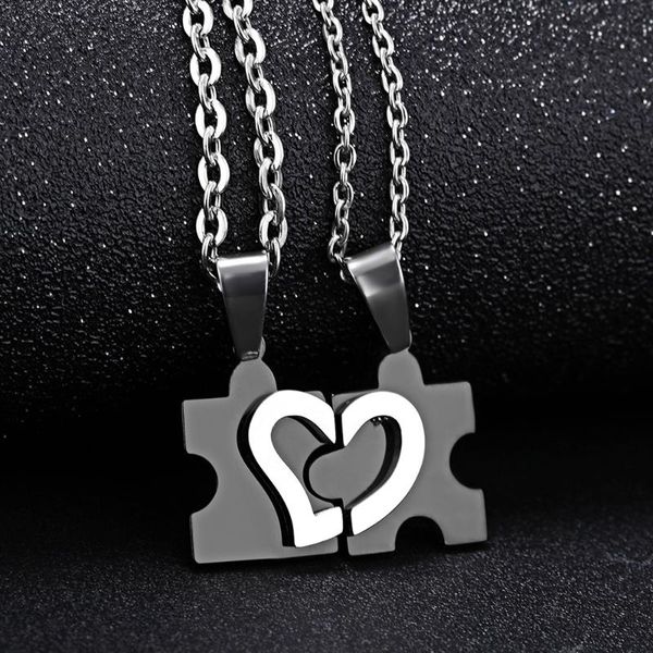 

2pcs/set titanium steel love combining puzzle necklaces heart pendant for couple lovers silver black necklace jewelry ogx265