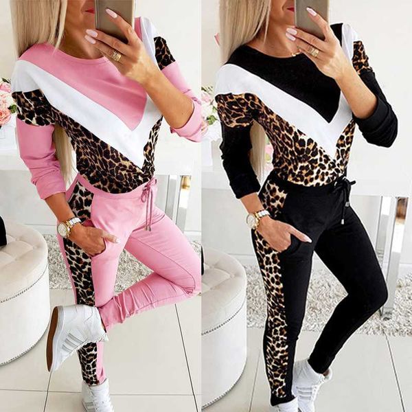

fashion leopard printted splicing o-neck slim women two-piece sets 2020autumn winter casual with pocket long pants suits female, Gray