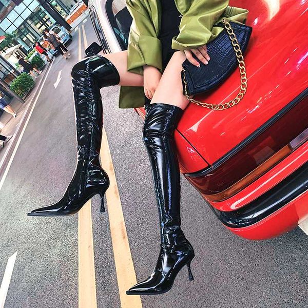 

2021 genuine leather over ther knee boots 2020 winter high heels ladies boots party wedding shoes woman, Black