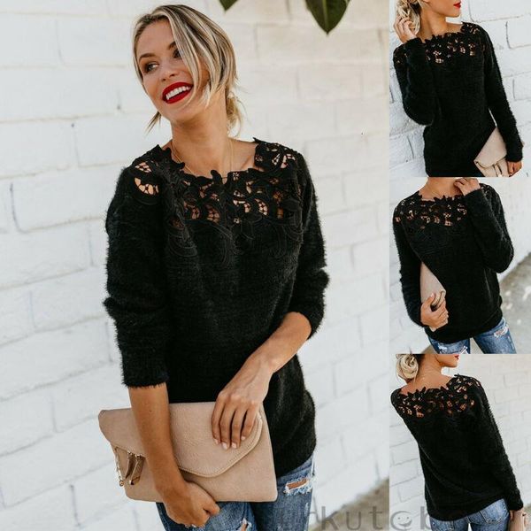 

2020 sexy black lace женщина hollow свитер с длинным рукавом пуловер свитер топы дама o шеи jumper выдалбливают трикотаж, White;black