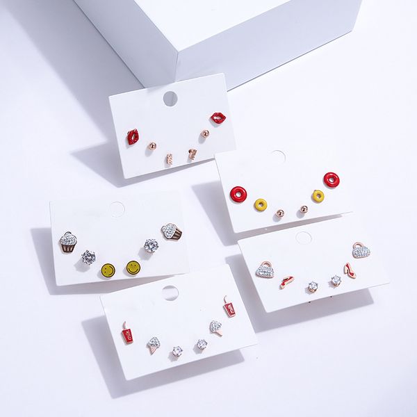 

yhpup 3 pairs/set stainless steel personality stud earrings lips expression fashion jewelry brincos for girl women party, Golden;silver