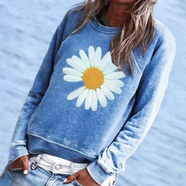 

2020 осень женщины хлопок круглый воротник малый daisy печать с длинным рукавом толстовка подсолнечное vintage сыпучие толстовка, Black