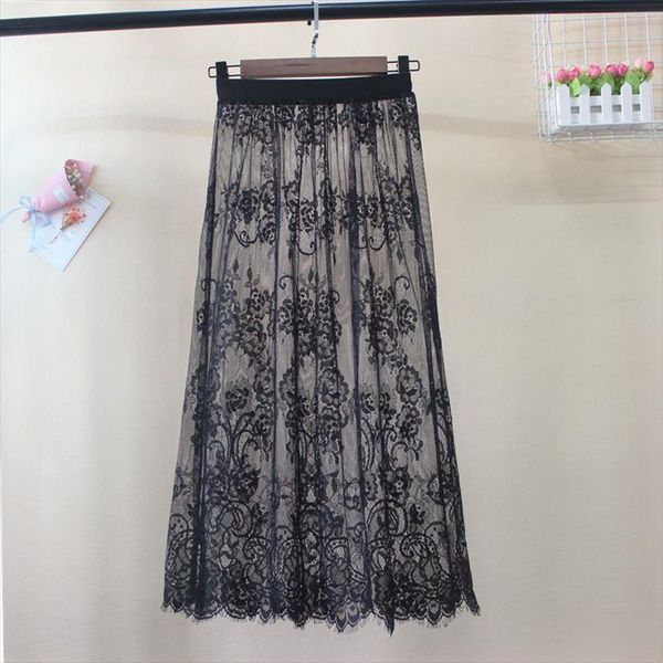 

women lace mesh long skirt vintage summer korean high waist elastic a line transparent tulle black white midi skirt 142