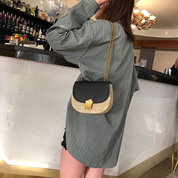

2020 summer retro mini straw shoulder bag knitted rattan saddle female luxury handbags half moon woven crossbody bags for women