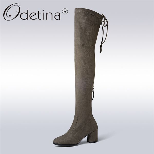 

odetina new fashion autumn winter kid suede lady over the knee boots women soft square high heels back zip lace up thigh boots, Black