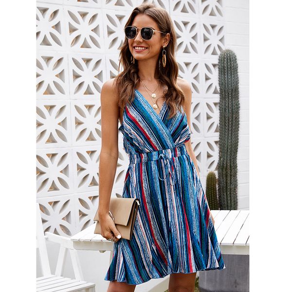 

casual dresses leosoxs 2021 summer deep v neck spaghetti strap backless mini women's dress fashion belted lace ruffle ladies, Black;gray