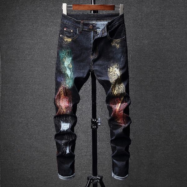

men's jeans black ripped elastic autumn and winter men young wind tight-fitting hand-painted, Blue