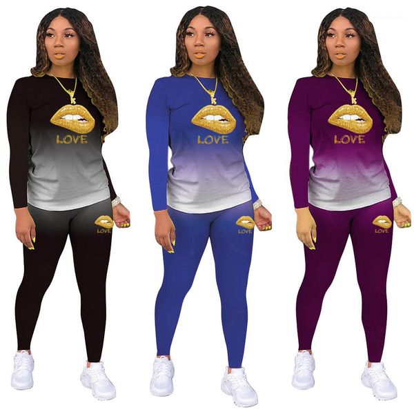 

clothing suit casual long sleeve crew neck tshirt loose trousers ladies two piece pants women lips gradient, White