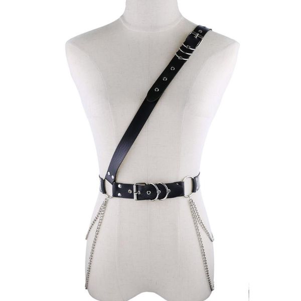 

garment rivet with chains shoulder belt punk rock style pu leather for trad goth jeans show waist parts belts accessories, Black;brown
