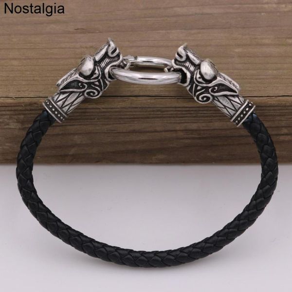

nostalgia vikings wolf head amulet viking leather cuff bracelets bangles for men brazalete vikingo jwelry for women, Black