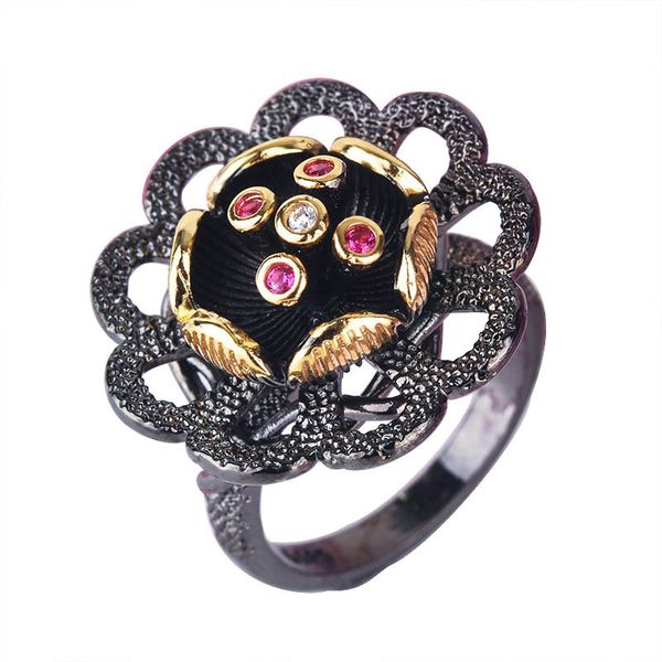 

cluster rings fashion jewelry exaggerated big flower 925 silver ruby for women retro gothic black gold wedding ring anniversary gift, Golden;silver