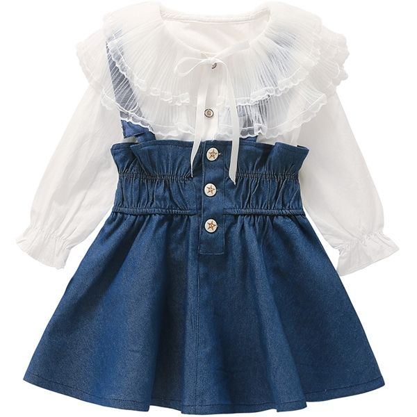 

korean style kids clothing set for girl long sleeve shirt with overall dress children girl 2pcs outfits casual clothes suit, White