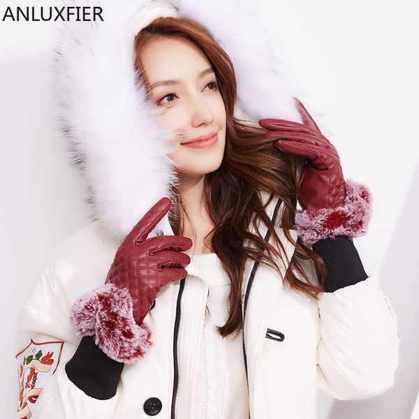 

five fingers gloves h10068 women warm winter fashion touch screen mittens female pu leather windproof thick thermal hand muff, Blue;gray