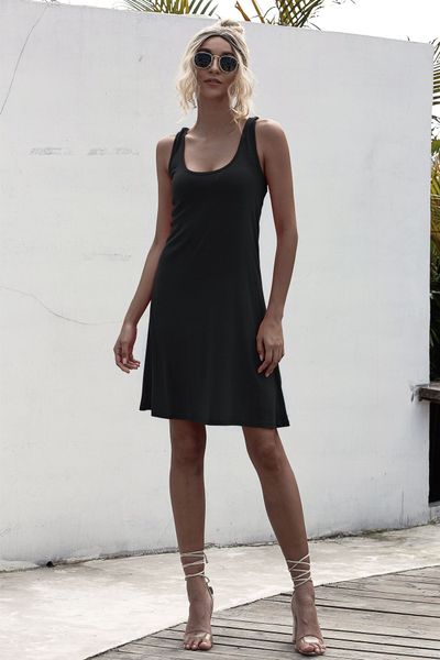 

женщины scoop шеи жилет платье без рукавов лета сыпучие вскользь платья дамы сплошной цвет одежды, Black;gray