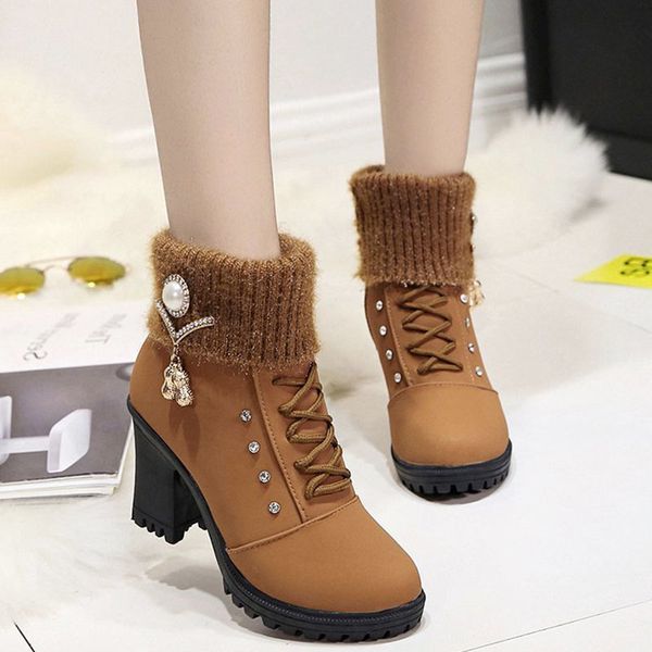 

autumn winter warm short plush boots women fashion pearl crystal square heels ankle boots woman patchwork knitted booties, Black