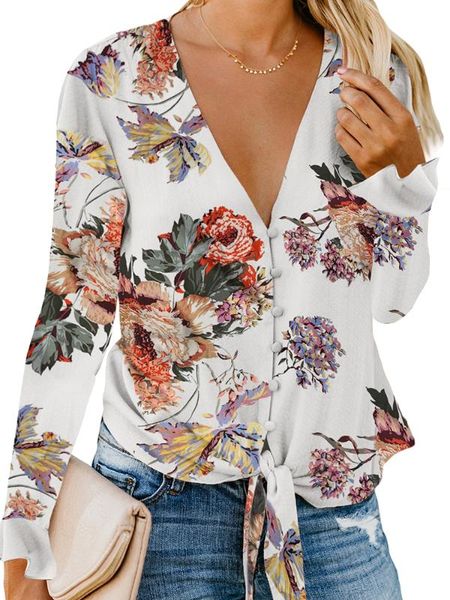 

womens floral button down blouse tie knot v neck long sleeve chiffon shirts, White