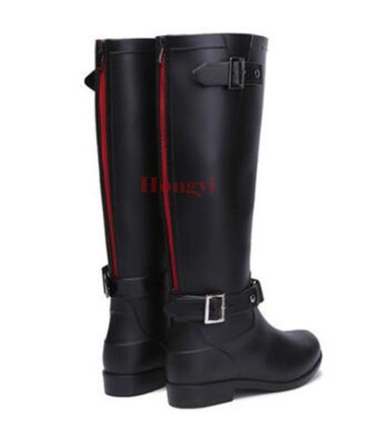 

spring rainboots women knee high rubber buckle boots ladies fashion rain shoes woman waterproof wellies plus size 36-41, Black