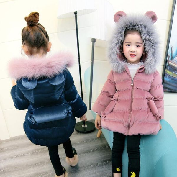 

new spring winter jacket children girls down coat parka ear fur hooded cotton kids warm thick snow wear jacket outerwear, Blue;gray