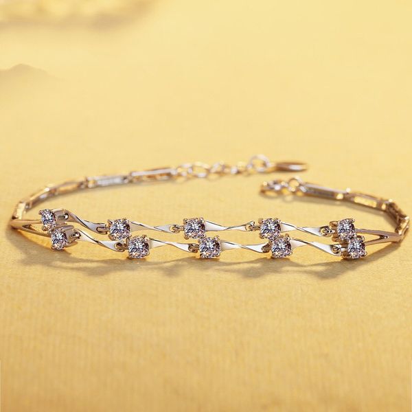 

mengyi 9 2 5 fashion charm double chain bracelet women inlay zircon white gold bangles birthday luxurious exquisite gift, Golden;silver