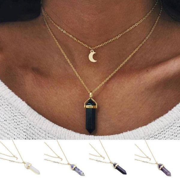 

женщины шестиугольная призма луна шарм двухслойный цепи ожерелье, Silver