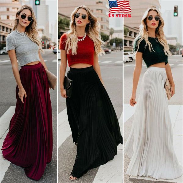 

fashion long womens skirt summer high waist maxi skirts pleated long casual a line swing skirt streetwear female skirt, Black
