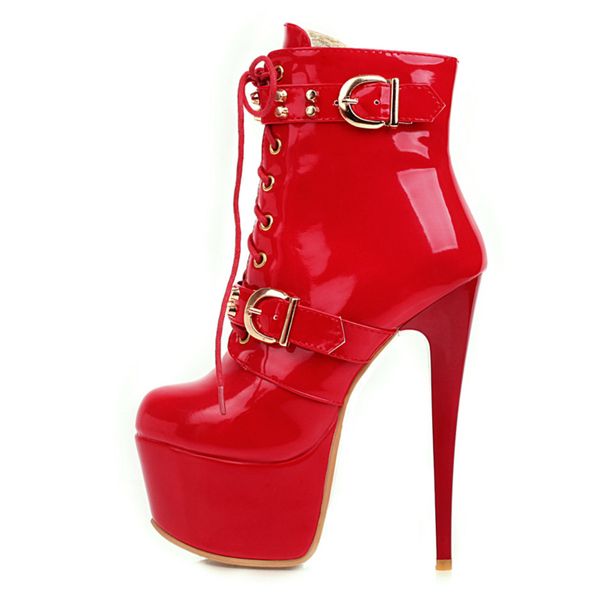 

ankle boots women platform 16cm high heels short boots red white patent leather lace up fetish shoes woman large size 48, Black