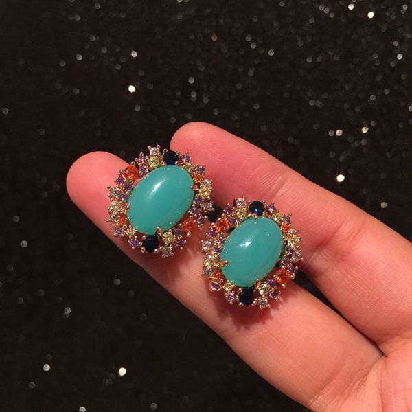 

stud bilincolor fashion blue stone oval earring, Golden;silver