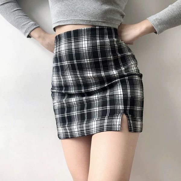 

skirts fashion casual street style mini package hip high waist retro plaid series half-length slim short skirt, Black