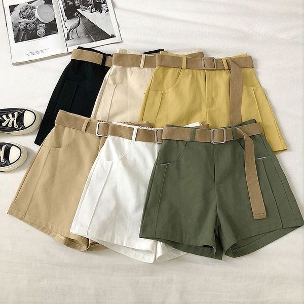 

fashion safari style shorts women cool punk elastic waist belt shorts summer casual female solid high waist wide leg shorts 2020, White;black