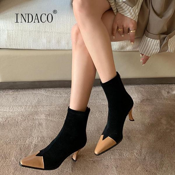 

women boots high heels 2020 pointed toe patchwork stretch velvet ankle boots for women zip warm thin heel, Black