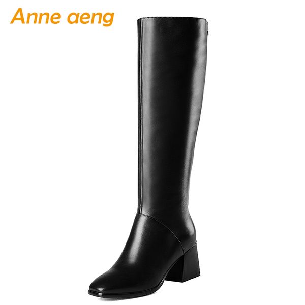 

2020 new winter genuine leather women knee-high boots high heel square toe zipper ladies women shoes black motorcycle boots