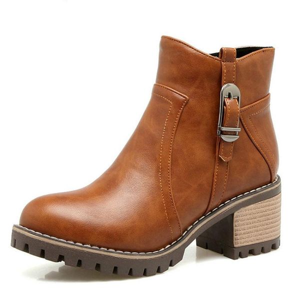 

2020 women ankle boots square high heel round toe pu leather zipper solid casual women, Black