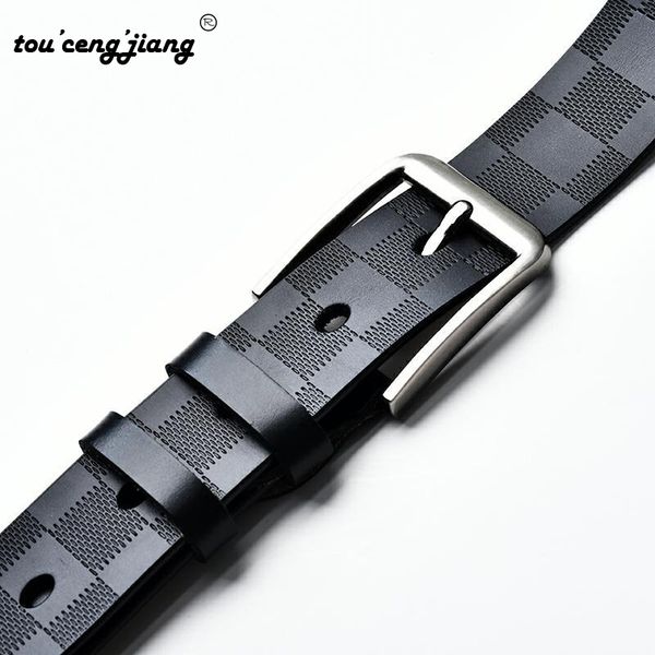

tou ceng jiang men's belt 2020 leather retro fashion simple check pattern gifts for men, Black;brown