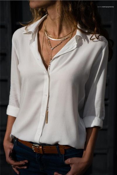

printed single breasted lapel neck plus size women clothing autumn ladies designer chiffon blouses loose fashion solid color, White