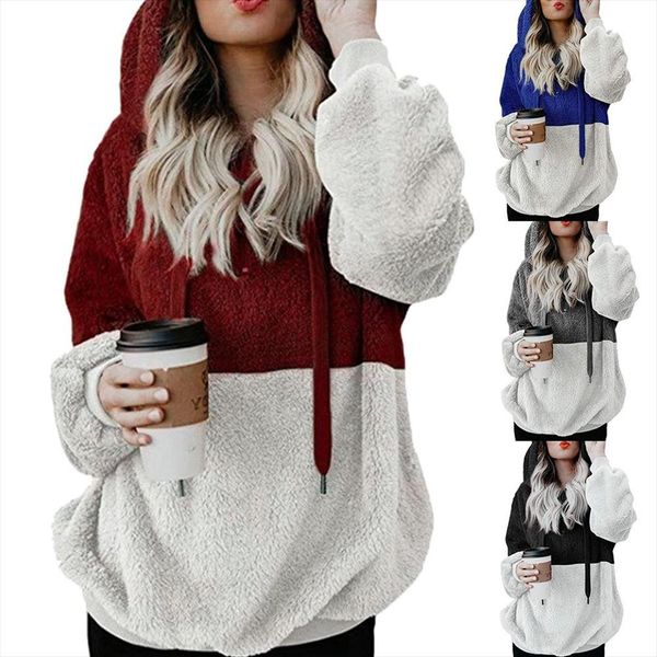 

fashion plus size women plush hooded sweatshirt patchwork long sleeved causal hooded sweatshirt for female clothing drop shipping, Black