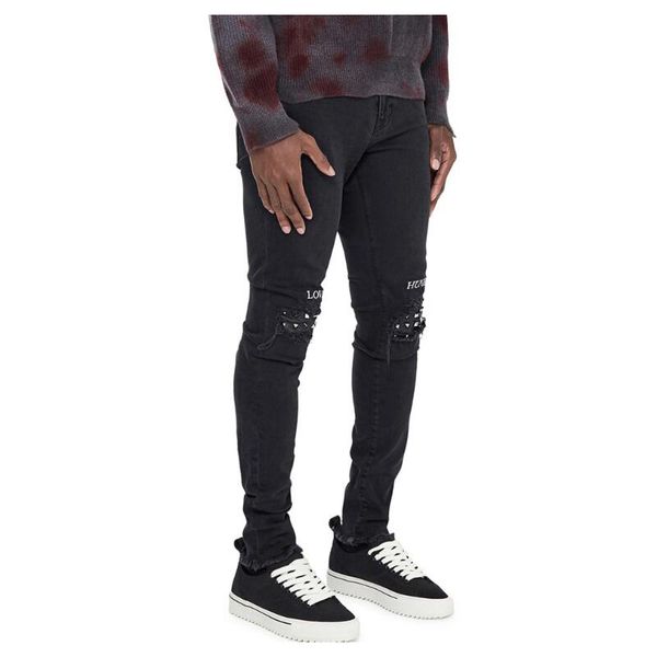

men's jeans high street studs stretch skinny fashion casual, Blue