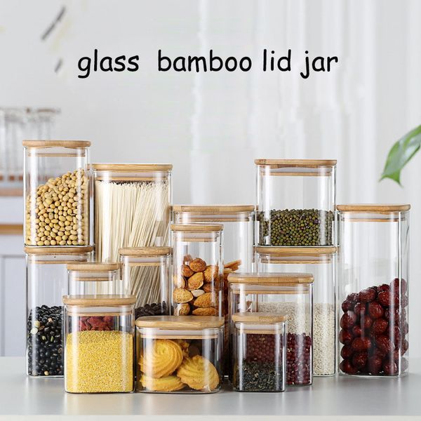 

kitchen sealed square glass jar airtight storage tank spices tank tea container with bamboo lid salt storage bottle coffee caddy