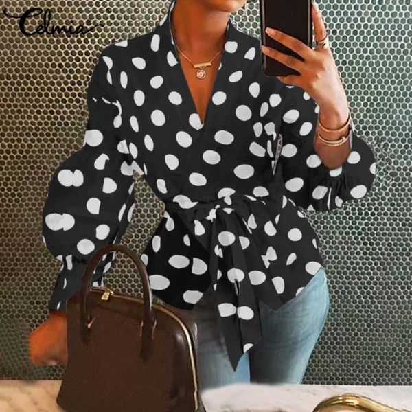 

women's blouses & shirts elegant women 2021 celmia fashion v-neck belted tunic shirt casual long sleeve ruffles plus size blusas 5, White