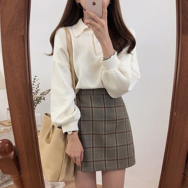 

loose casual solid color lazy retro sweater female korean harajuku women's sweaters japanese kawaii ulzzang clothing for women, White;black