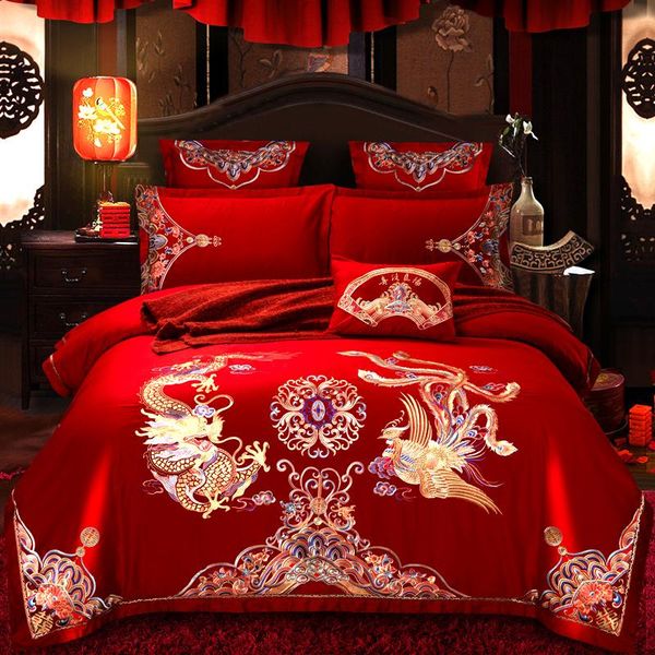 

new 100% cotton luxury red classic wedding bedding set embroidery duvet cover bed sheet pillowcases  king size 4/6/7pcs