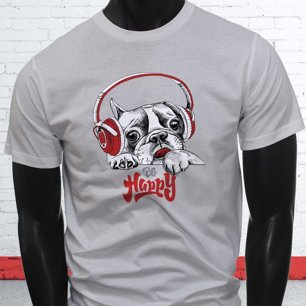 

be happy cute pug headphone music dj dog rap men's white 2019 letter print short sleeve fashion men che guevara t shirt