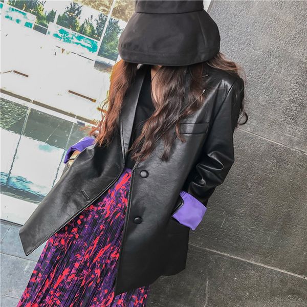 

2020 spring new korean black pu coat suit female loose solid pu leather jacket waist belts jacket female coat waterproof py136