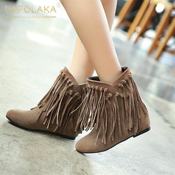 

lapolaka 2020 new design big size 43 concise spring shoes woman boots female fringe increasing heels ankle boots ladies footwear, Black
