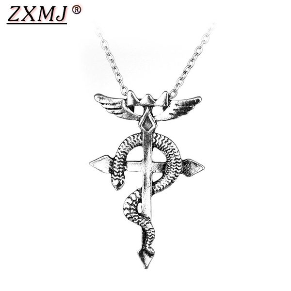 

zxmj anime fullmetal alchemist edward elric necklace pendant cosplay snake cross necklace vintage accessories for women men gift, Silver