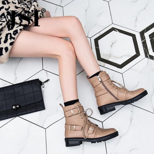 

jsi fashion ankle genuine leather woman boots lace-up round toe winter square heel boots quality high heel lady shoes jo296, Black
