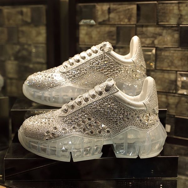 

2020 diamond designer women runner shoes thick sole crystal trainer platform lace-up transparent bottom sneakers mujer, Black