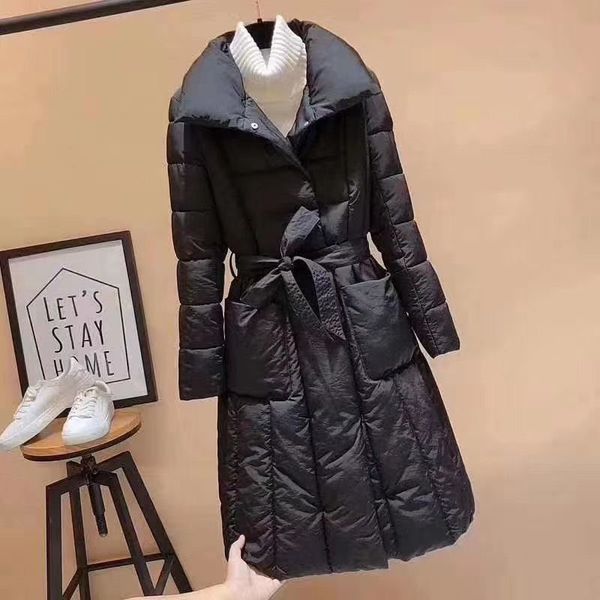 

2020 new winter korean women white duck down coats loose long skirt parkas female belt elastic waist outwear jacket s103, Black